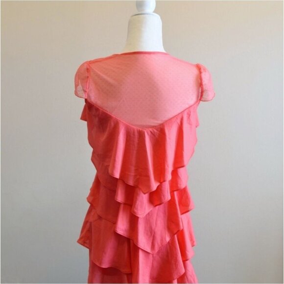 BCBGMaxAzria ✦ Coral Pink Tiered Dress ✦ Mesh Puff Sleeves Ruffle Layers V-Neck - Picture 4 of 7